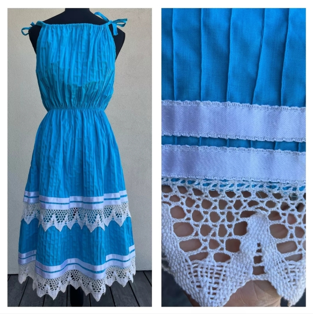 Vintage Mexican Cotton Sundress, Blue Boho Festival Natural Fiber Dress Lace